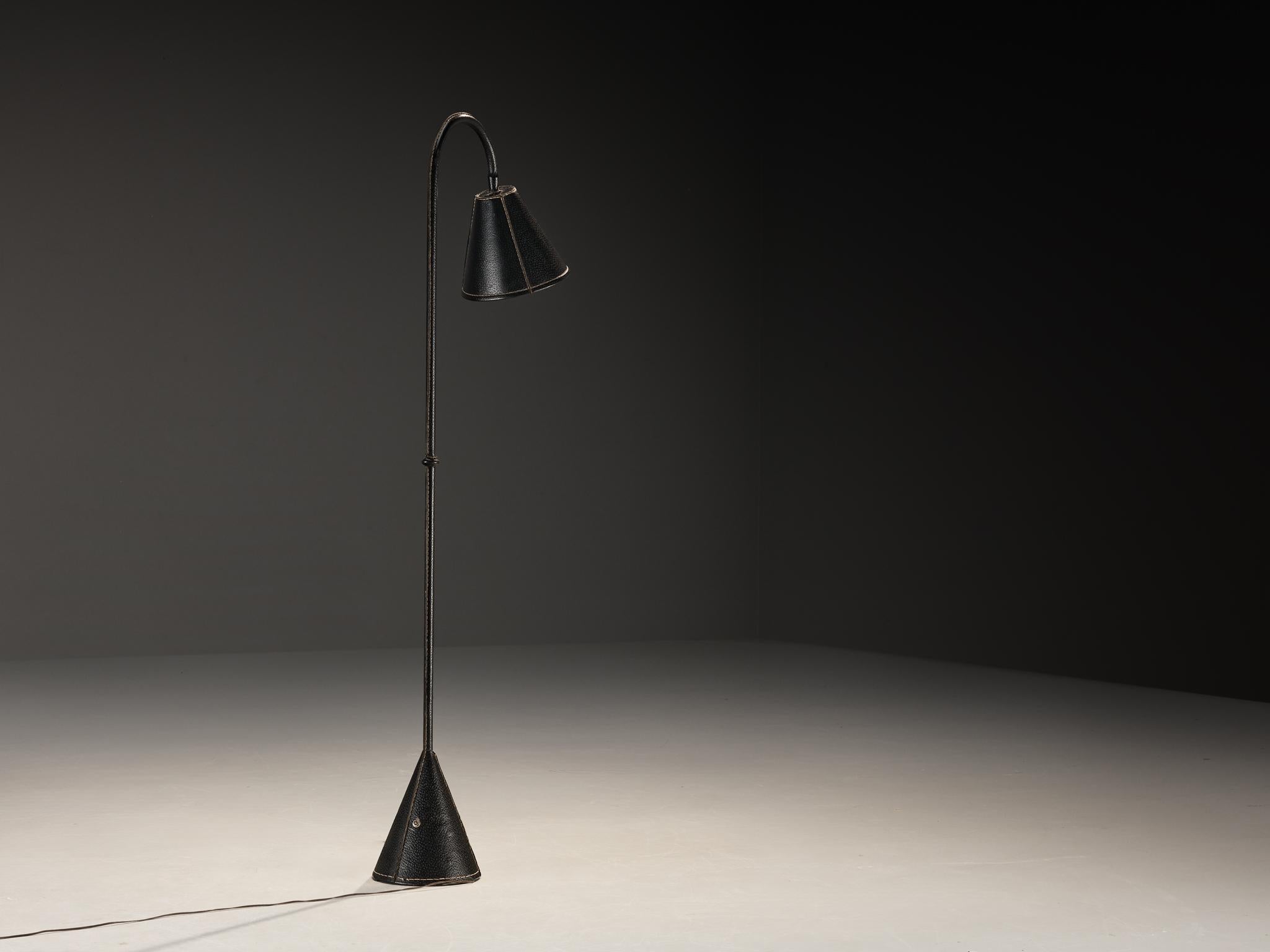 Late 20th Century Valentí Spanish Floor Lamp in Black Stitched Saddle Leather For Sale