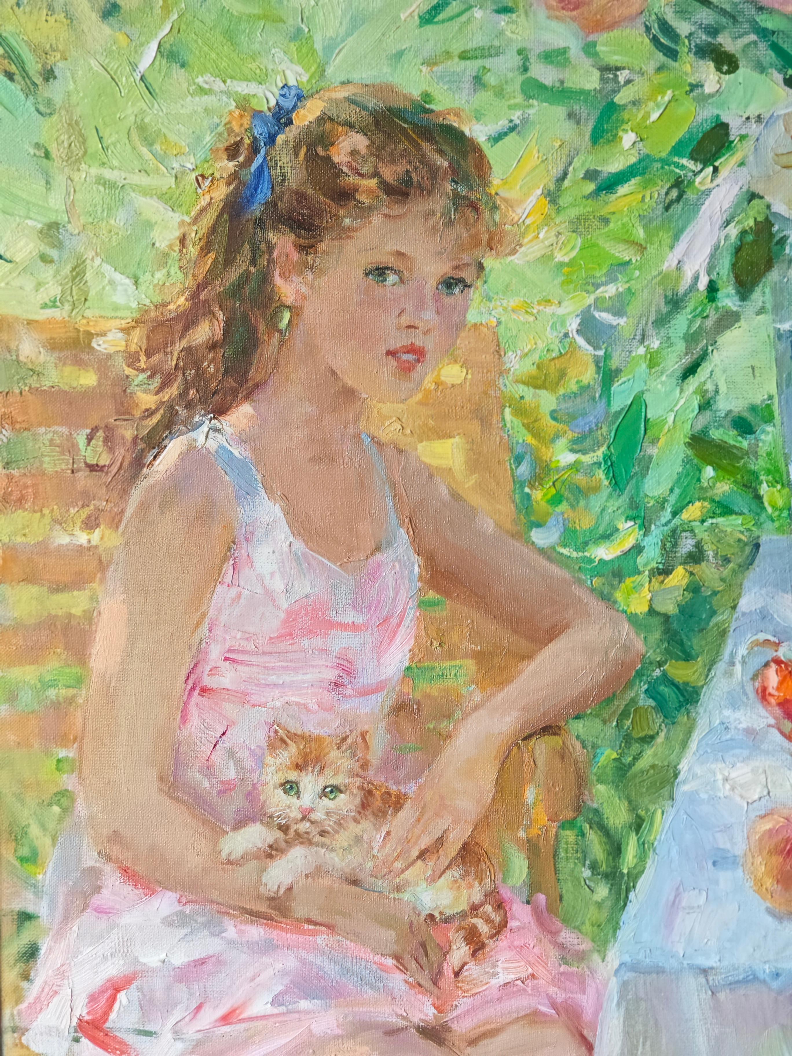 Portrait of a Young Girl holding a Kitten, seated in a Summer Garden - Impressionist Painting by Valentin Danilovitch Bernadski
