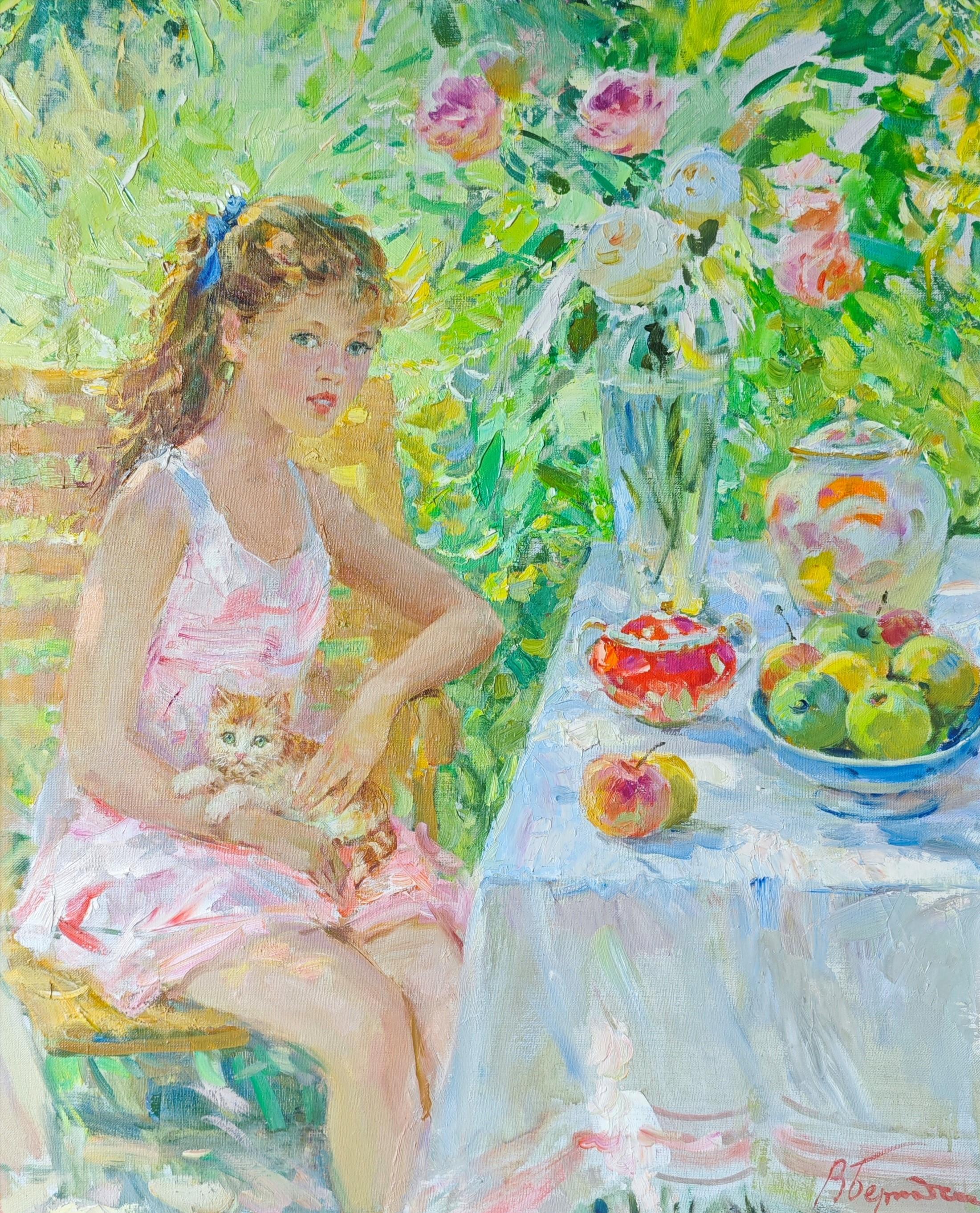 Valentin Danilovitch Bernadski Figurative Painting - Portrait of a Young Girl holding a Kitten, seated in a Summer Garden