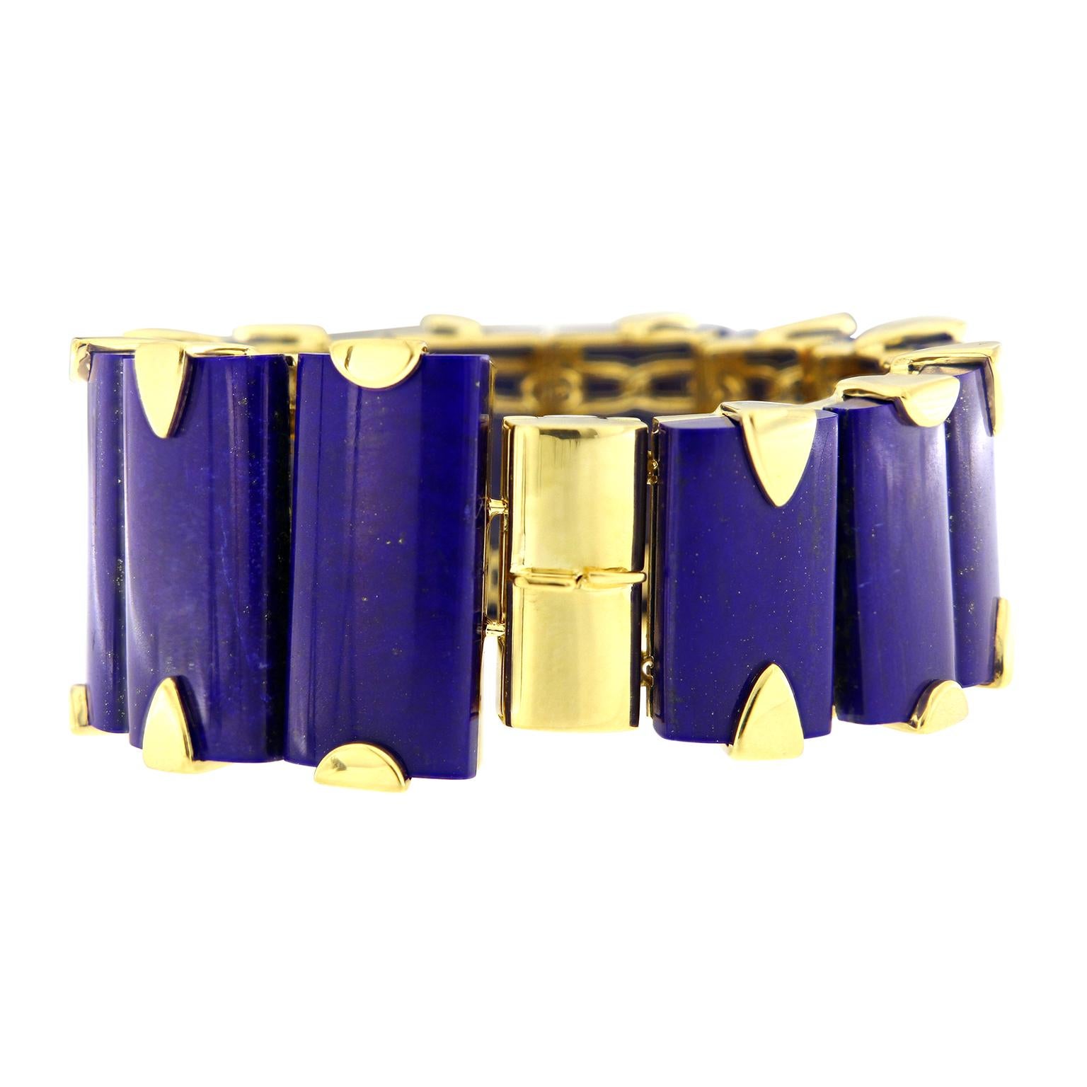 Baguette Cut Valentin Magro 12 Tapering Rectangular Lapis Bracelet in 18 Karat Yellow Gold