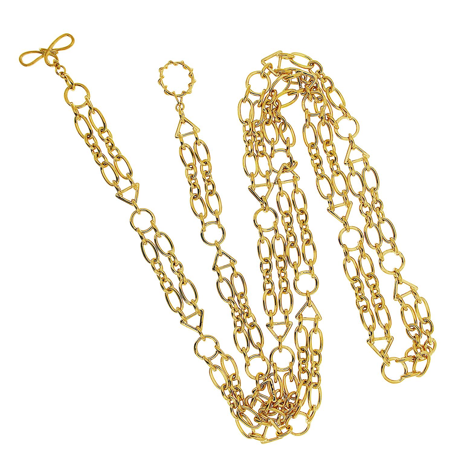 18 Karat Yellow Gold Oval and Round Double Chain Necklace In New Condition In New York, NY