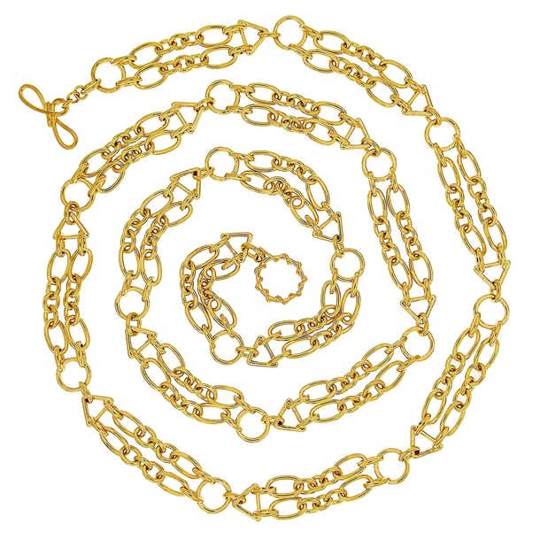 18 Karat Yellow Gold Oval and Round Double Chain Necklace For Sale at ...