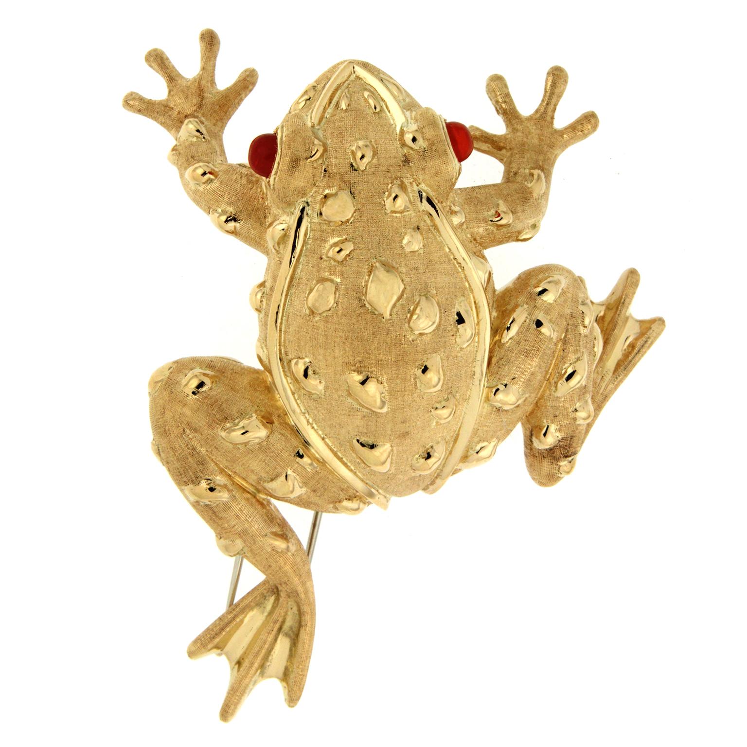 Gold and a prized jewel visualize a frog for this brooch. 18k yellow gold forms the textured body, with craftsmanship to the arms and feet. Slender strands of sleek gold outline the eyes, head, and sides for definition. As a finishing touch, fire
