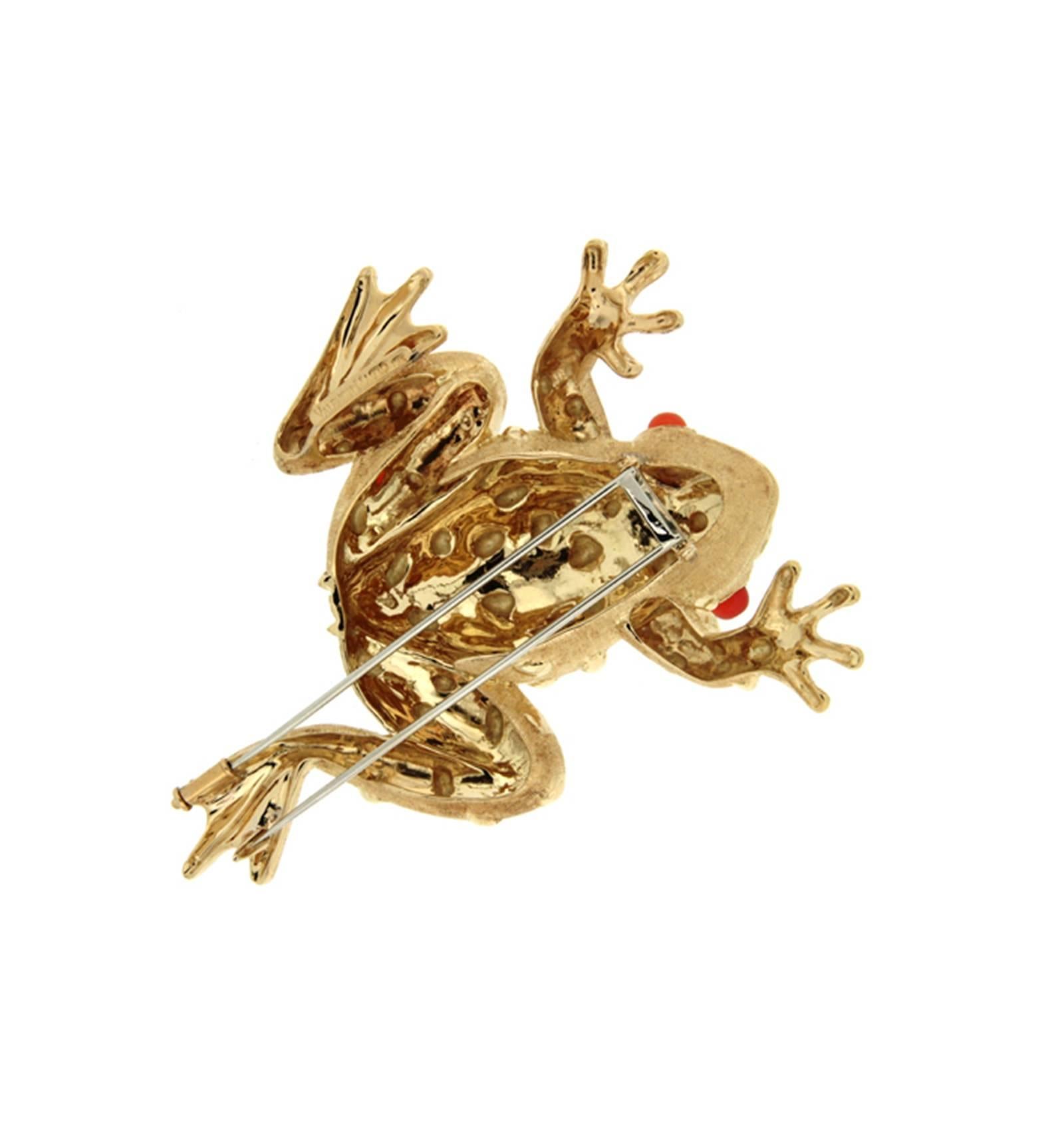 Mixed Cut 18 Karat Yellow Gold Fire Opal Frog Brooch For Sale