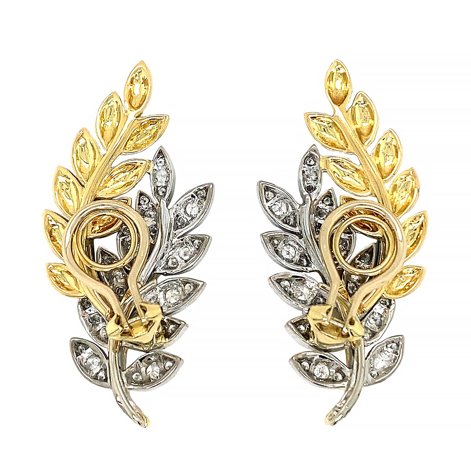 Round Cut 18k Palladium and Yellow Gold Olympia Diamond Leaf Motif Earrings For Sale