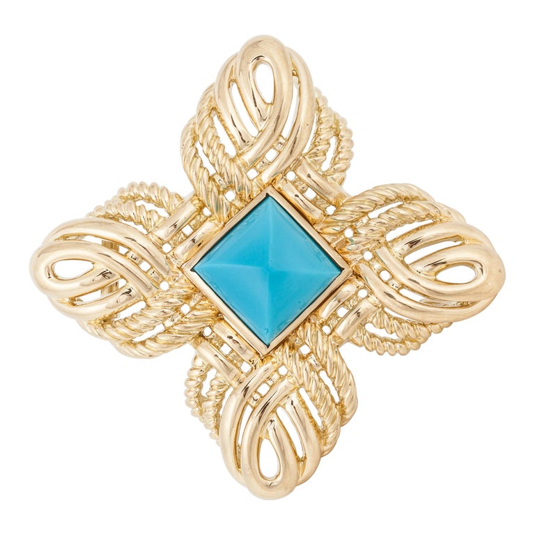 Valentin Magro 18 Karat Yellow Gold Turquoise Brooch For Sale