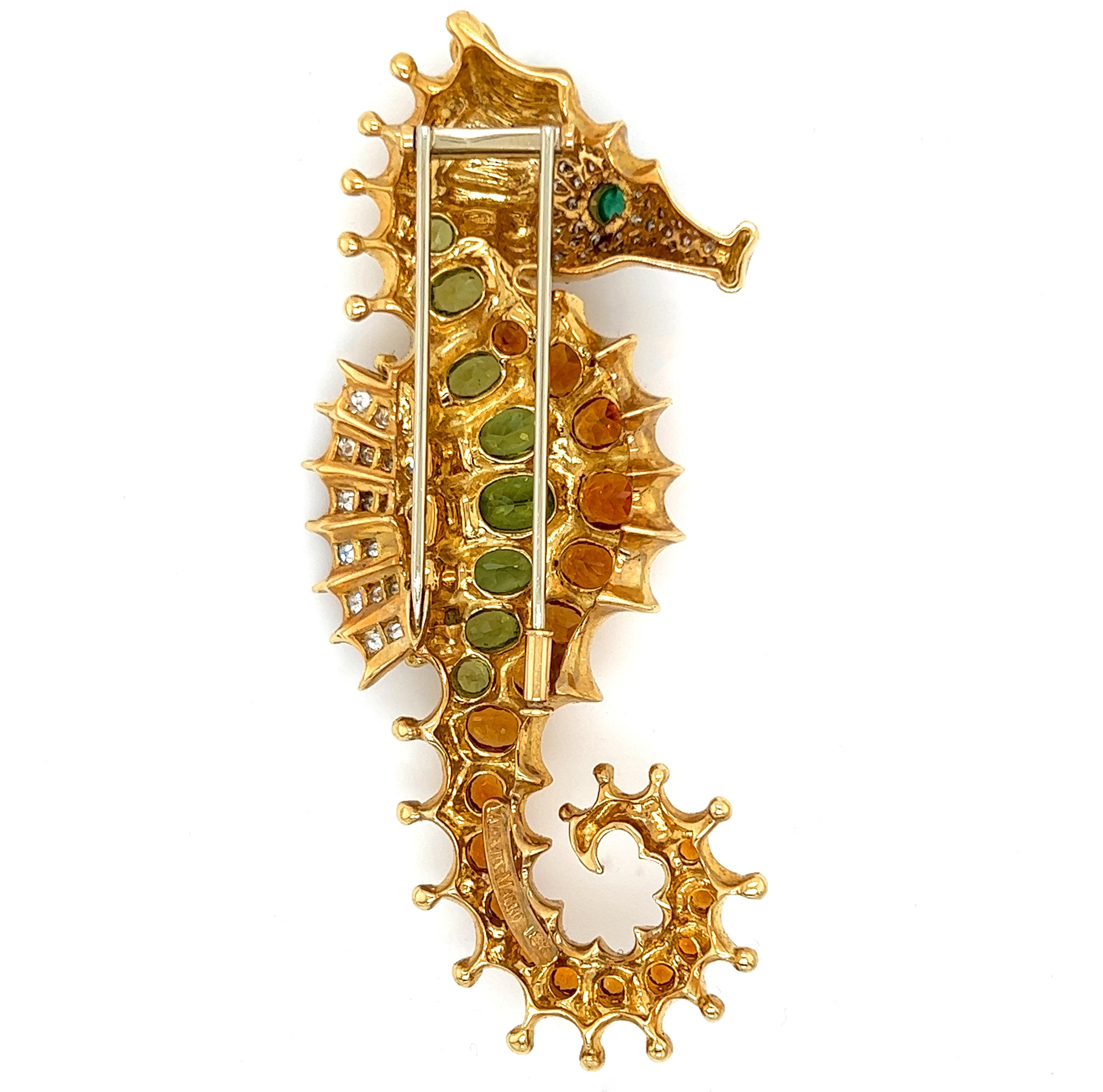 Contemporary Valentin Magro 18K Gold Seahorse Brooche Madeira Citrine Peridot Diamond Emerald For Sale