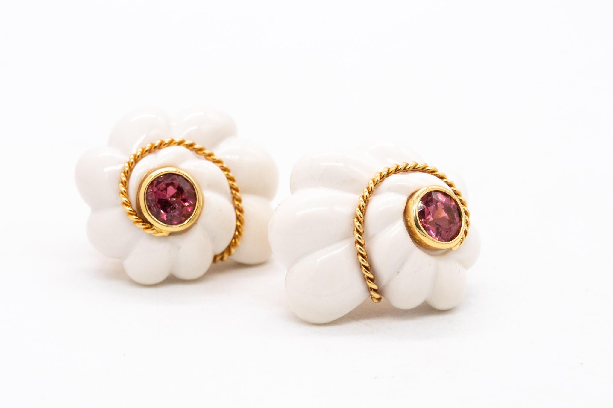 Valentin Magro 18Kt Gold Earrings 74.6 Cts In Rubellite And Cacholong White Opal In Excellent Condition For Sale In Miami, FL