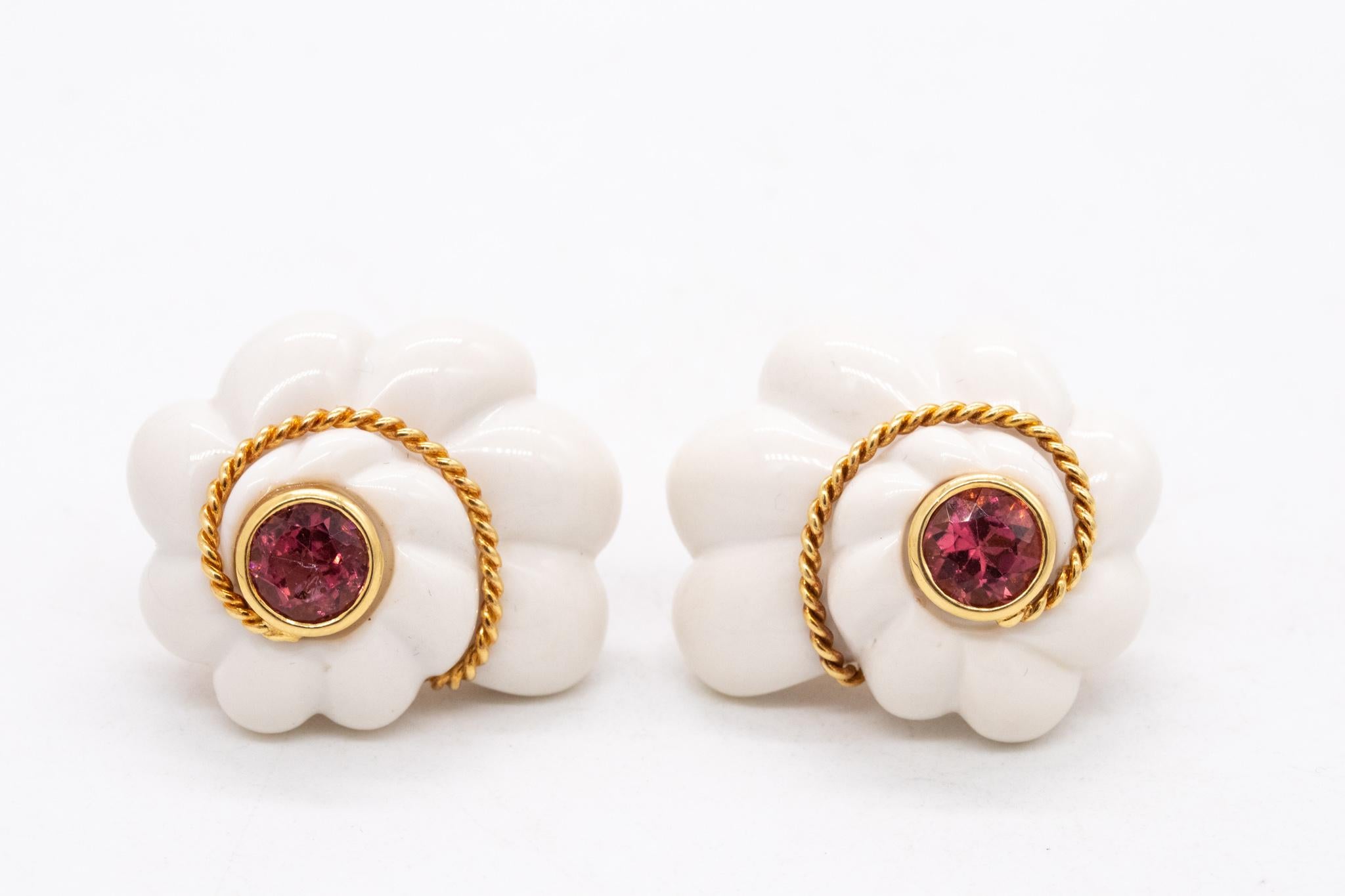 Women's Valentin Magro 18Kt Gold Earrings 74.6 Cts In Rubellite And Cacholong White Opal For Sale