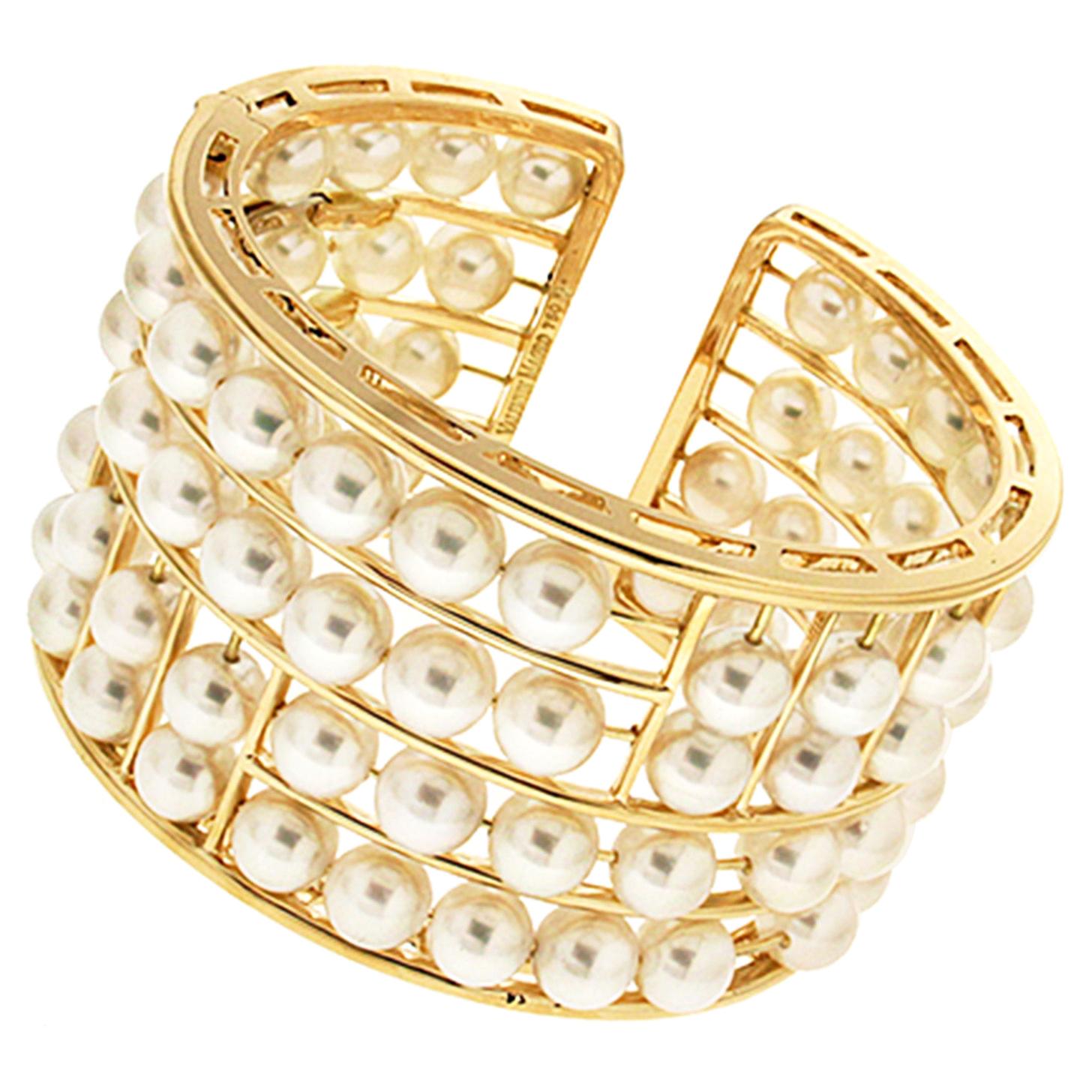 Floating Akoya Pearl 18K Yellow Gold Cuff Bracelet