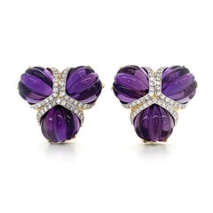 Triple Fan Amethyst Diamond Earrings in 18K Yellow Gold