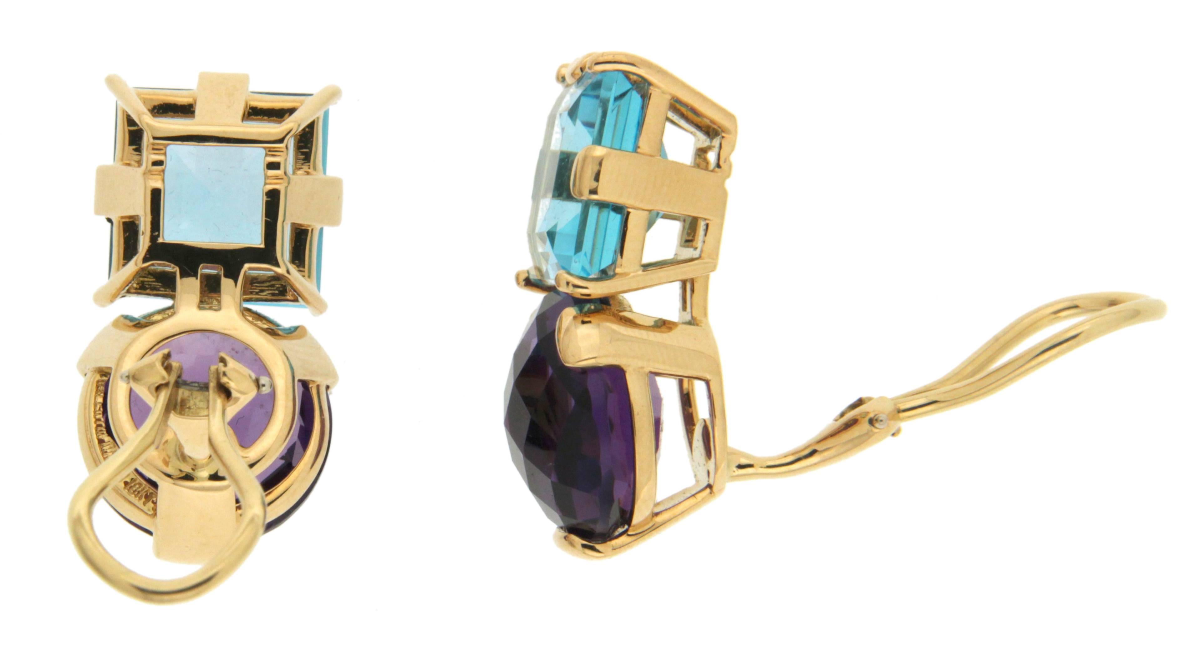 Square Cut Round Amethyst and Square Blue Topaz 18K Yellow Gold Earrings For Sale