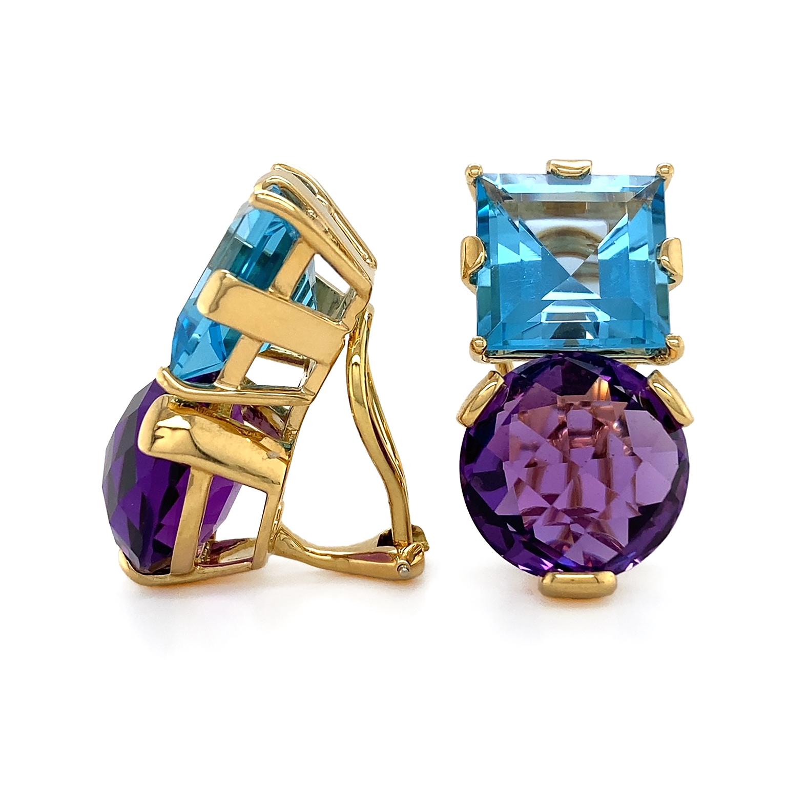 Pendientes de oro amarillo de 18 quilates de amatista redonda y topacio azul cuadrado Corte cuadrado en venta