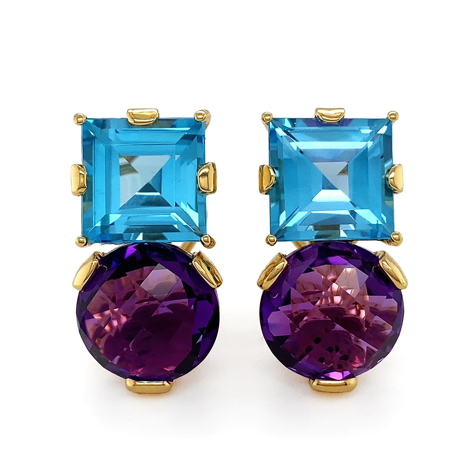 Round Amethyst and Square Blue Topaz 18K Yellow Gold Earrings In New Condition For Sale In New York, NY