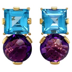 Round Amethyst and Square Blue Topaz 18K Yellow Gold Earrings