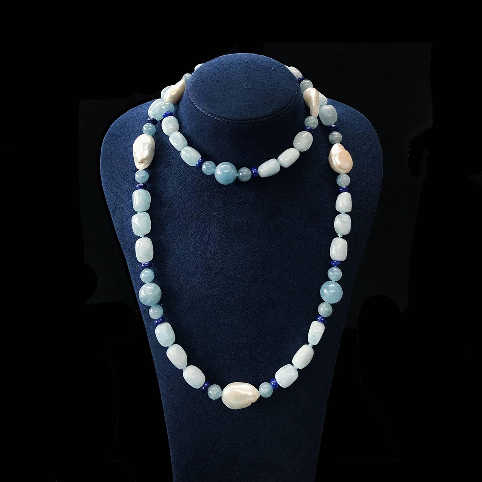 Mixed Cut 18K Yellow Gold Aquamarine Fresh Water Pearl Lapis Lazuli Bead Necklace For Sale