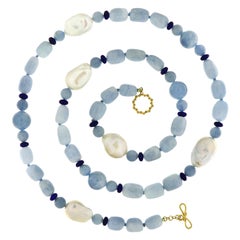 18K Yellow Gold Aquamarine Fresh Water Pearl Lapis Lazuli Bead Necklace