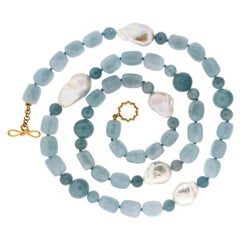 Aquamarine Freshwater Pearl 18K Yellow Gold Necklace