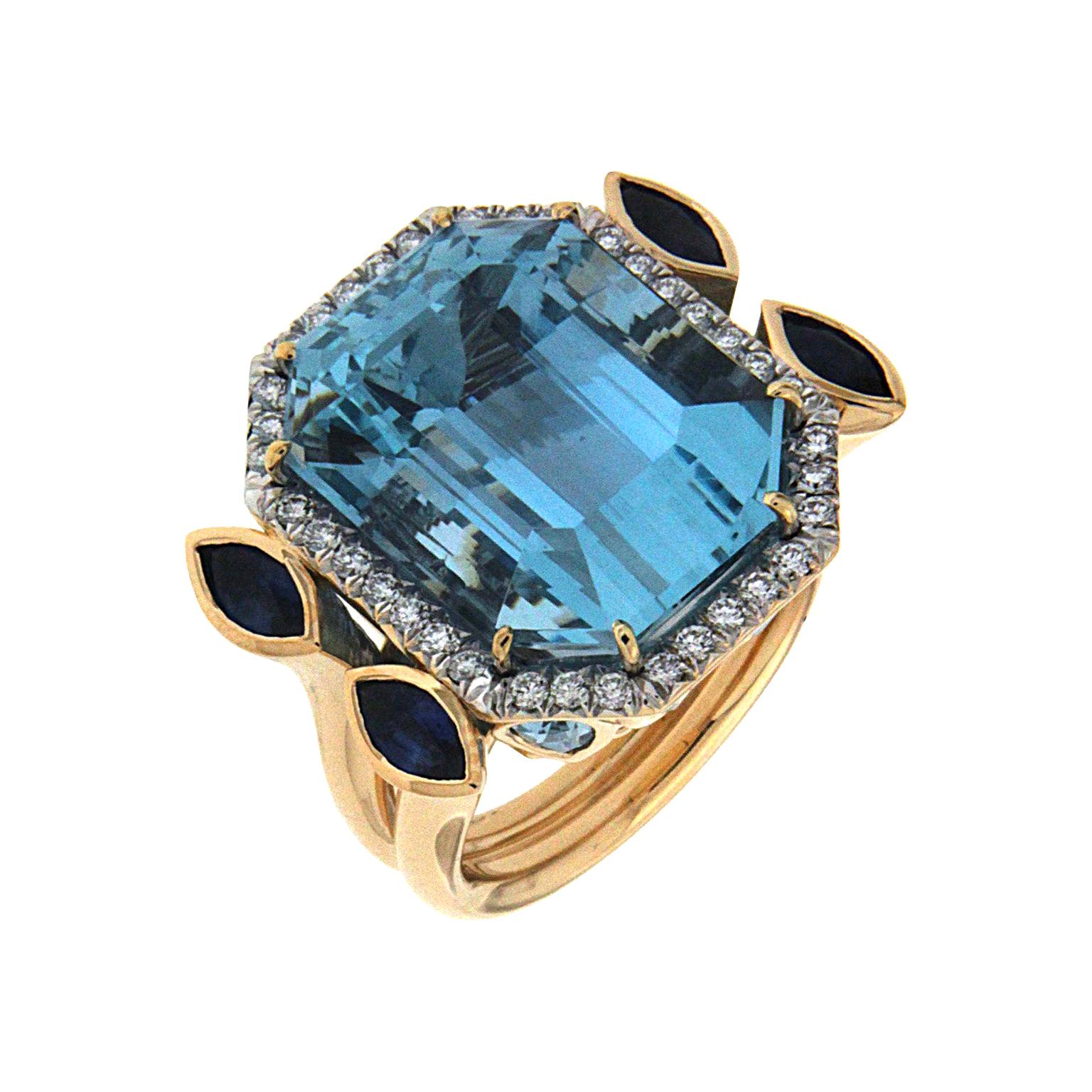 Valentin Magro Aquamarine, Sapphire and Diamond Ring in Yellow Gold