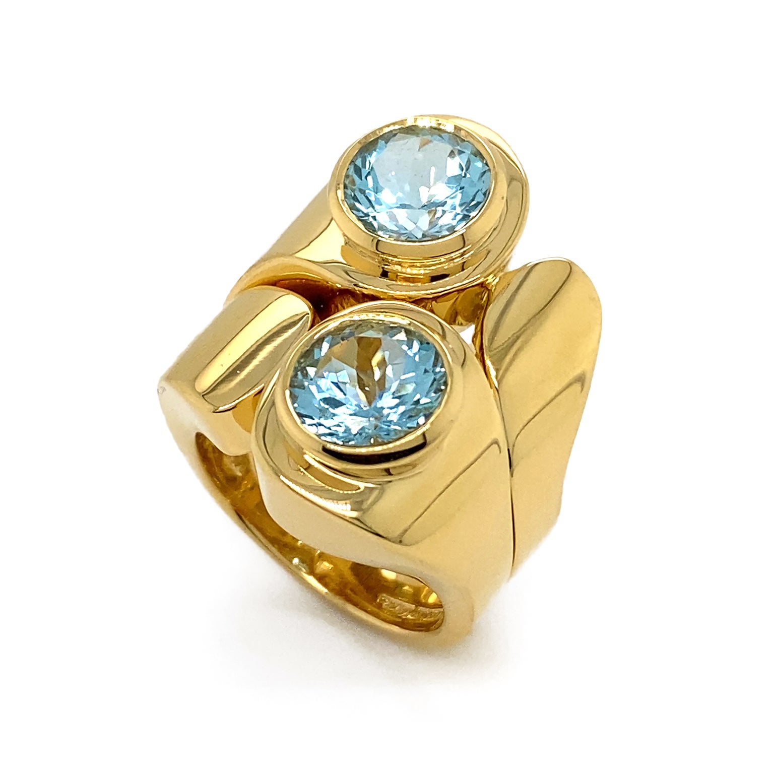 18K Yellow Gold Round Aquamarine Duo Asymmetrical Ring For Sale