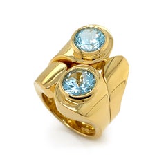 18 Karat Gelbgold Runder Aquamarin Duo Asymmetrischer Ring