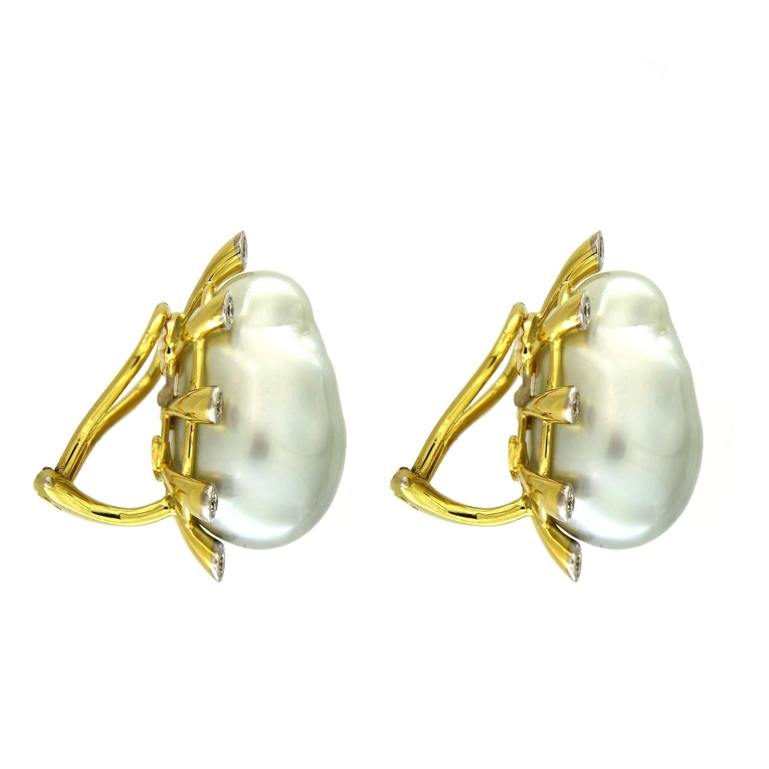 Valentin Magro Baroque Pearl and Diamond Studs shine with two kinds of luster. In the center are baroque South Sea pearls. Light scatters along the upper layers of the gems, creating unique gleam and shadows. Round brilliant cut diamonds rest at