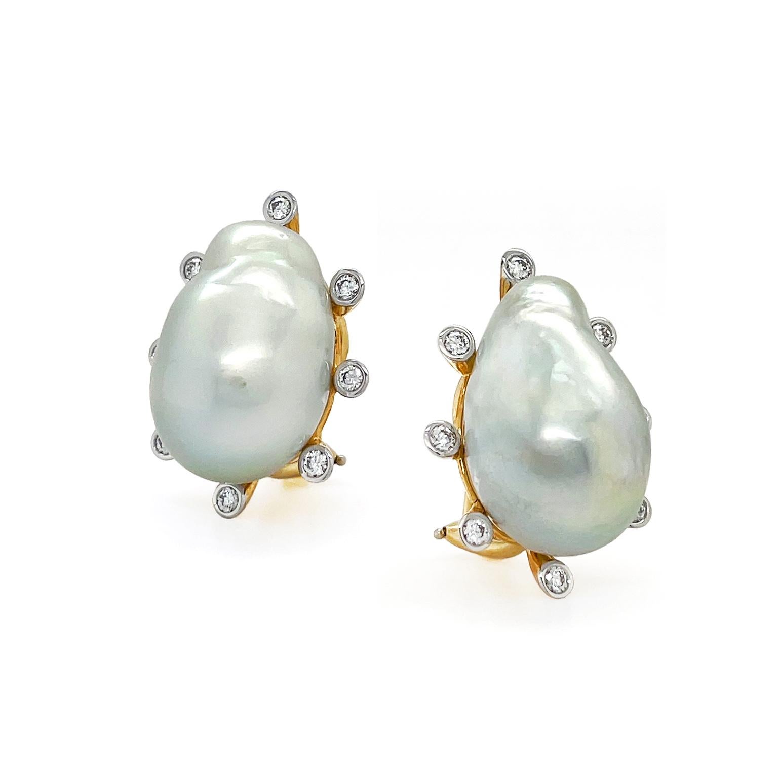 The Satin sheen of a baroque South Sea pearl is surrounded by brilliant cut diamonds for a gleaming reinvention of the classic pearl earrings. Prismatic natural-shaped pearls demonstrate the distinct form and patina exclusive to South Sea pearls.