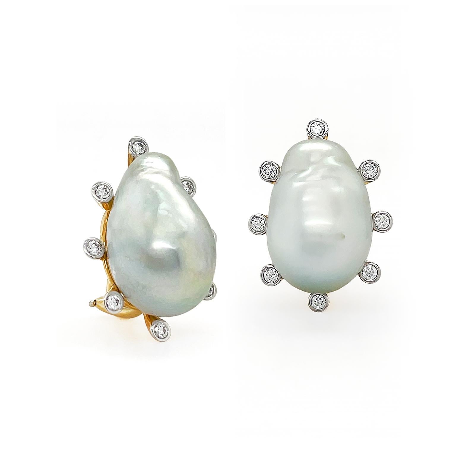 Modern 18K Yellow Gold Baroque Pearl Clip On Earrings with Diamond Accents For Sale
