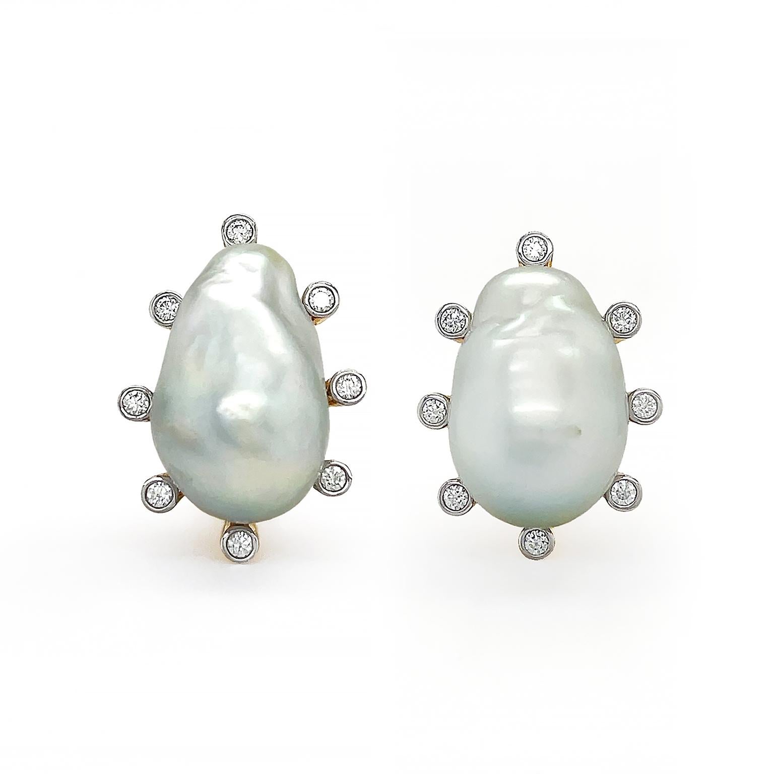 18K Yellow Gold Baroque Pearl Clip On Earrings with Diamond Accents For Sale 1