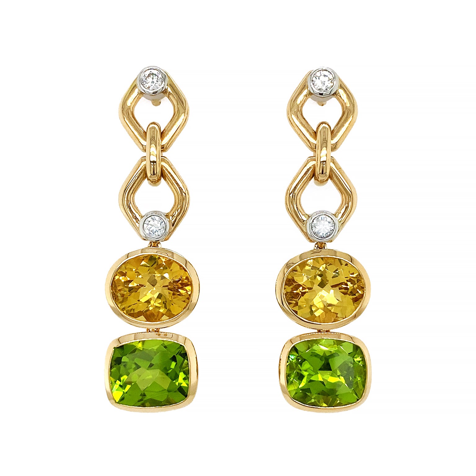 Boucles d'oreilles pendantes en or jaune 18 carats, béryl jaune, péridot et diamants