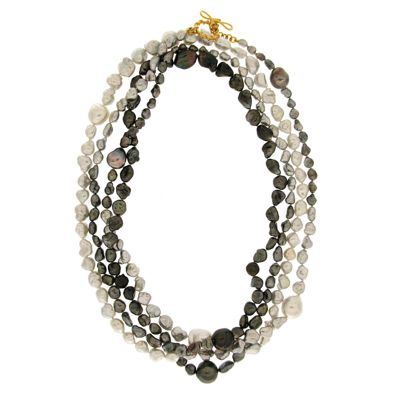 Black and white,  large and small keshi pearl necklace  -  54 inches long - with medium mariner ring and knot toggle in 18kt yellow gold