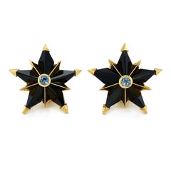 Black Jade Star Aquamarine 18K Yellow Gold Earrings