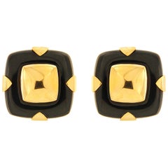 Black Jade Cushion 18K Yellow Gold Clip-on Earrings