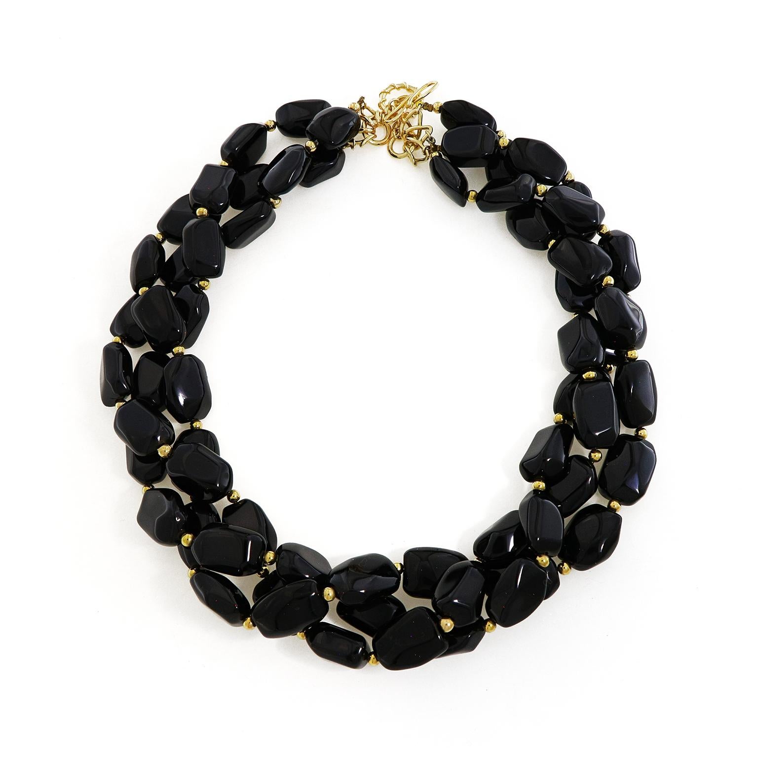Mixed Cut Three Strand Black Spinel 18K Yellow Gold Necklace