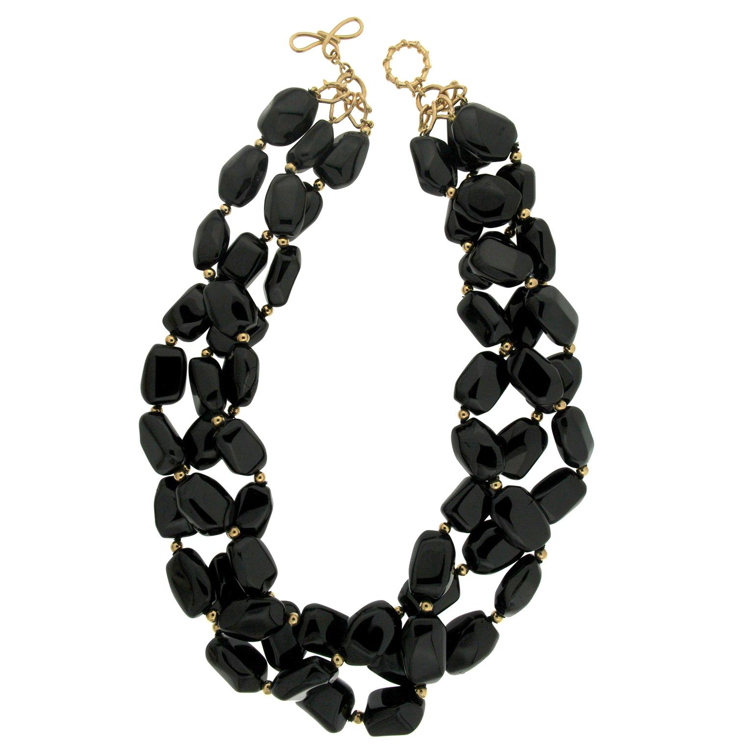 Chunky 3 Strand Graduated Faceted Black Crystal Beaded Necklace Layered 16.5 Long