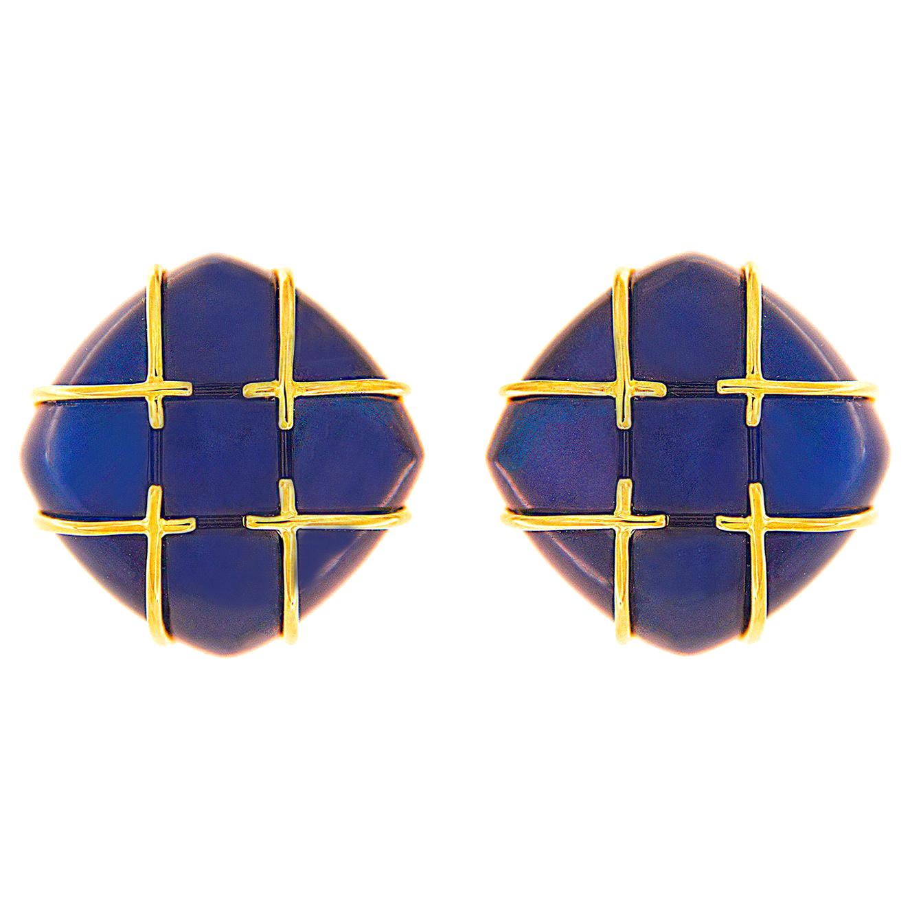 Cabochon Blue Agate Tic Tac Toe 18K Yellow Gold Clip-on Earrings