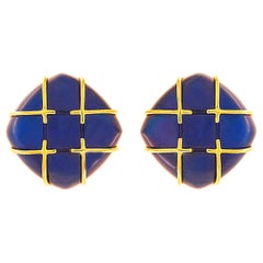 Cabochon Blue Agate Tic Tac Toe 18K Yellow Gold Clip-on Earrings