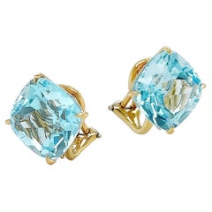 Boucles d'oreilles clips en or jaune 18K avec topaze bleue suisse en forme de coussin