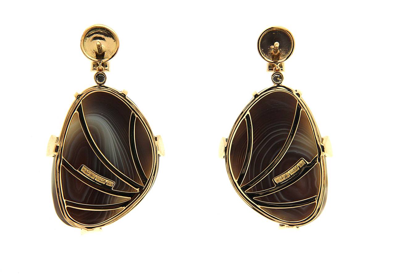 Round Cut Valentin Magro Botswana Agate Diamond Drop Earrings