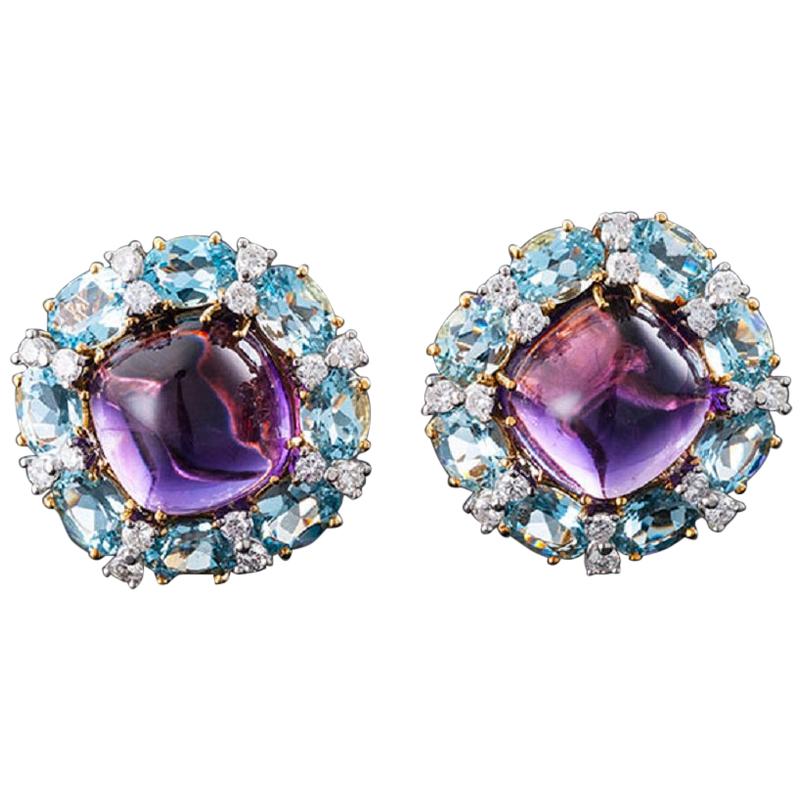 Valentin Magro Cabochon Amethyst, Aquamarine and Diamond Clip-On Earrings For Sale