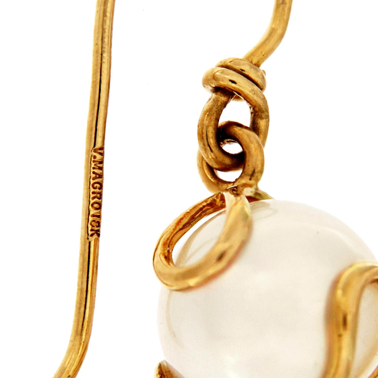 Ball Cut Freshwater Pearl 18K Yellow Gold Wire Earrings For Sale