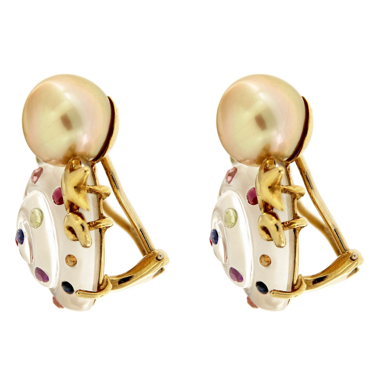 Valentin Magro Carved Crystal Pearl Colored Gemstone Snail Earrings give the animal a colorful twist. Its shell is carved from crystal quartz. Round colored gemstones are inlaid throughout the crystal. A golden pearl rests at the shell opening,