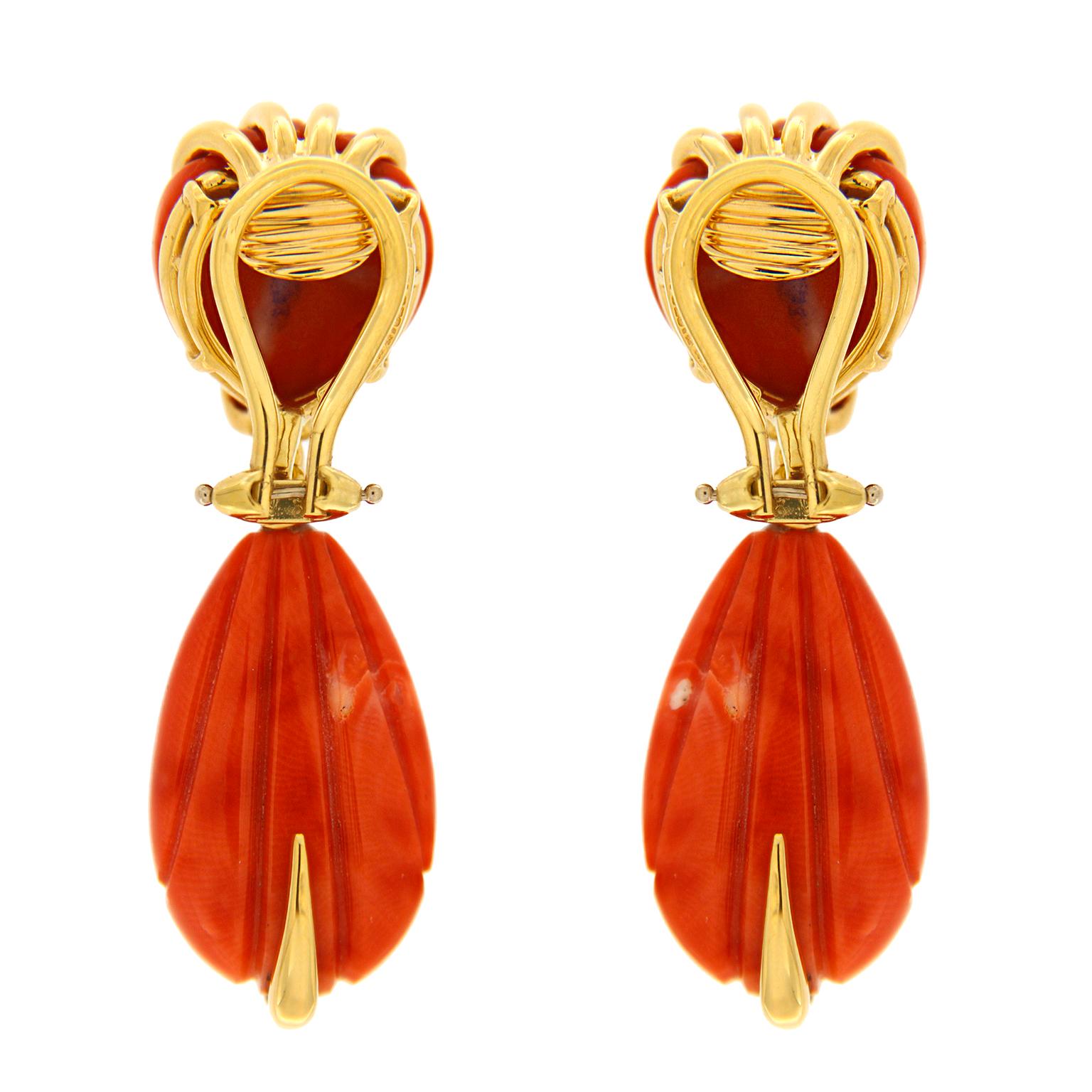 Brilliant Cut Valentin Magro Carved Red Coral Earrings with Gold Accent Wires