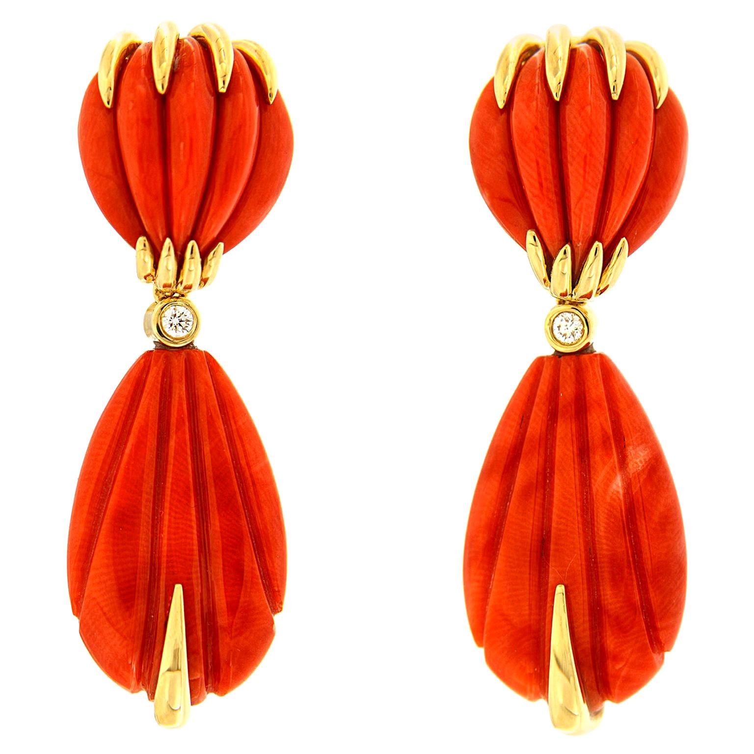 Valentin Magro Carved Red Coral Earrings with Gold Accent Wires