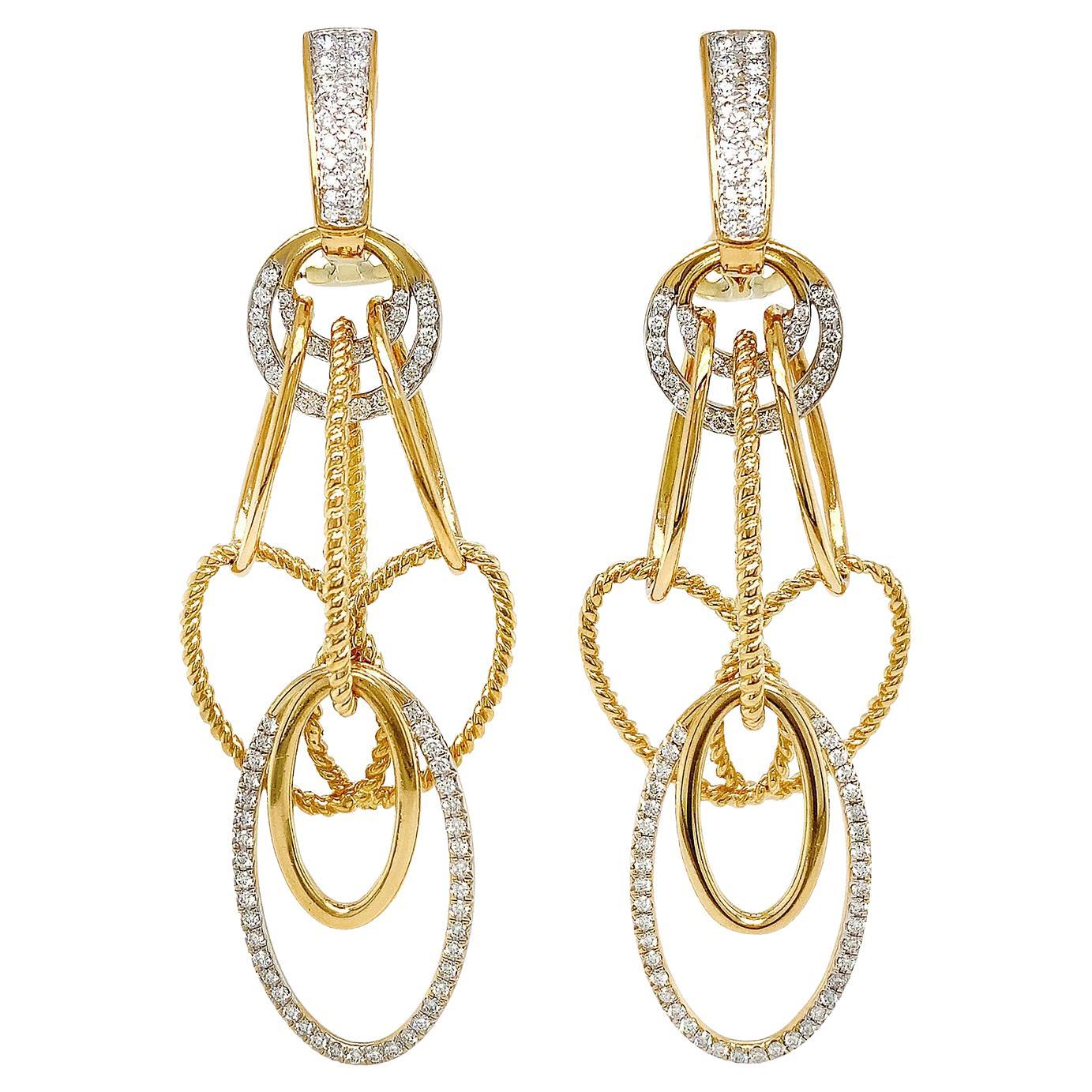Oval Cascading Chandelier 18K Yellow and White Gold Diamond Earrings