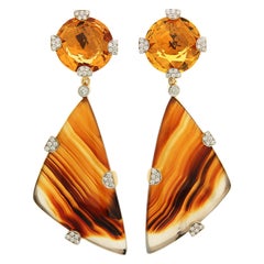 Madeira Citrine, Montana Agate, Diamond 18K Yellow Gold Drop Earrings