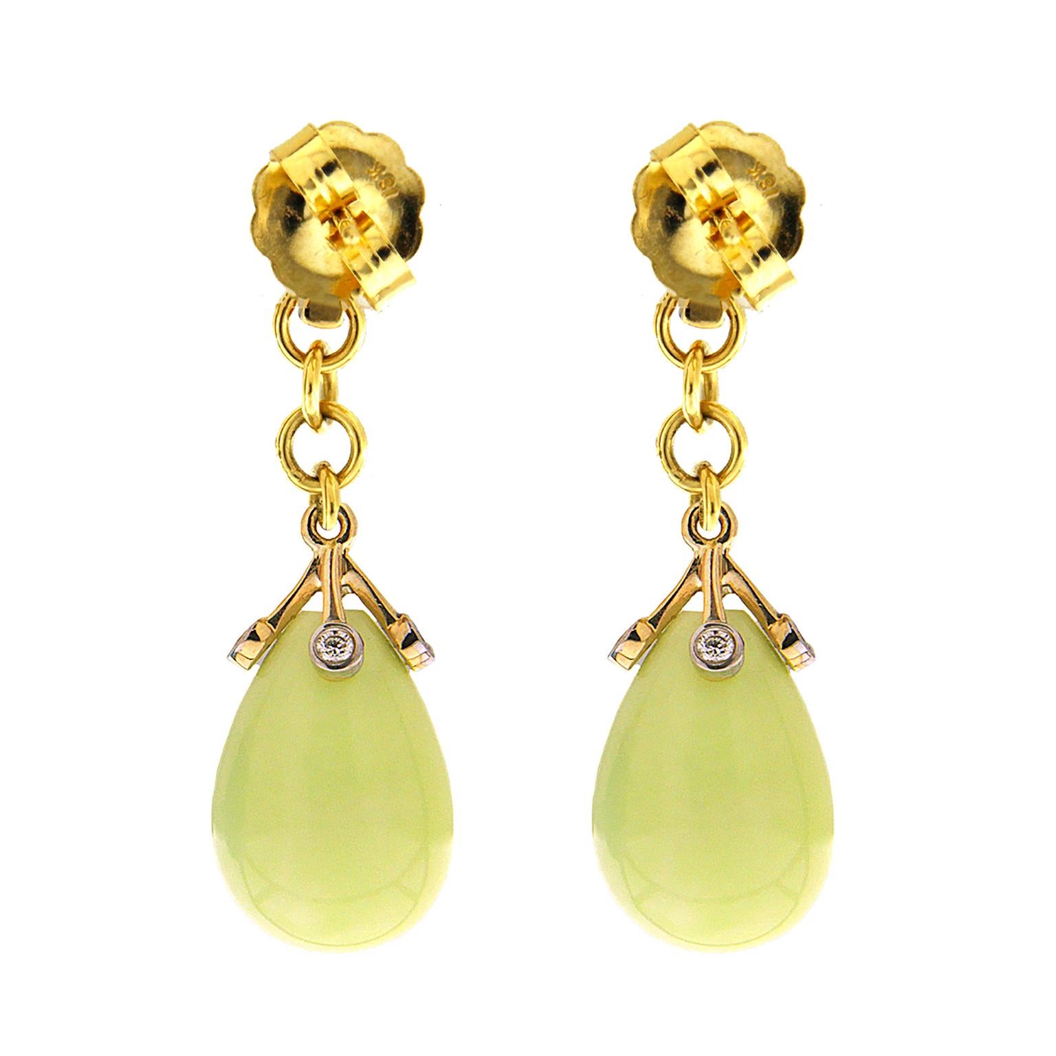Chrysoprase adds green tones to these drop earrings. The upper half is made of graduated 18k yellow gold links with a hoop on one end and bars on the other. Each strip is tipped with bezel set round brilliant cut diamonds. Between the diamonds hangs