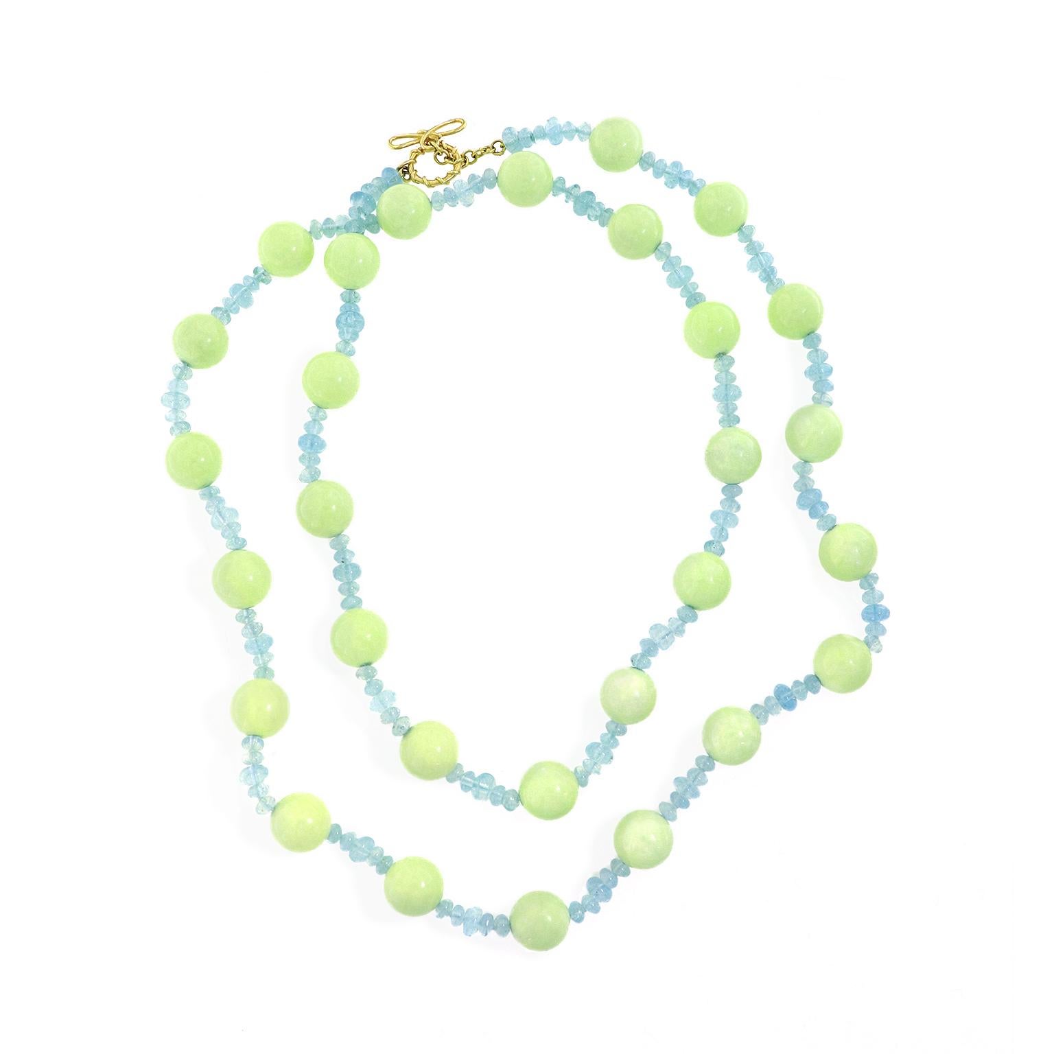 Bead Chrysoprase and Aquamarine 18K Yellow Gold Necklace For Sale