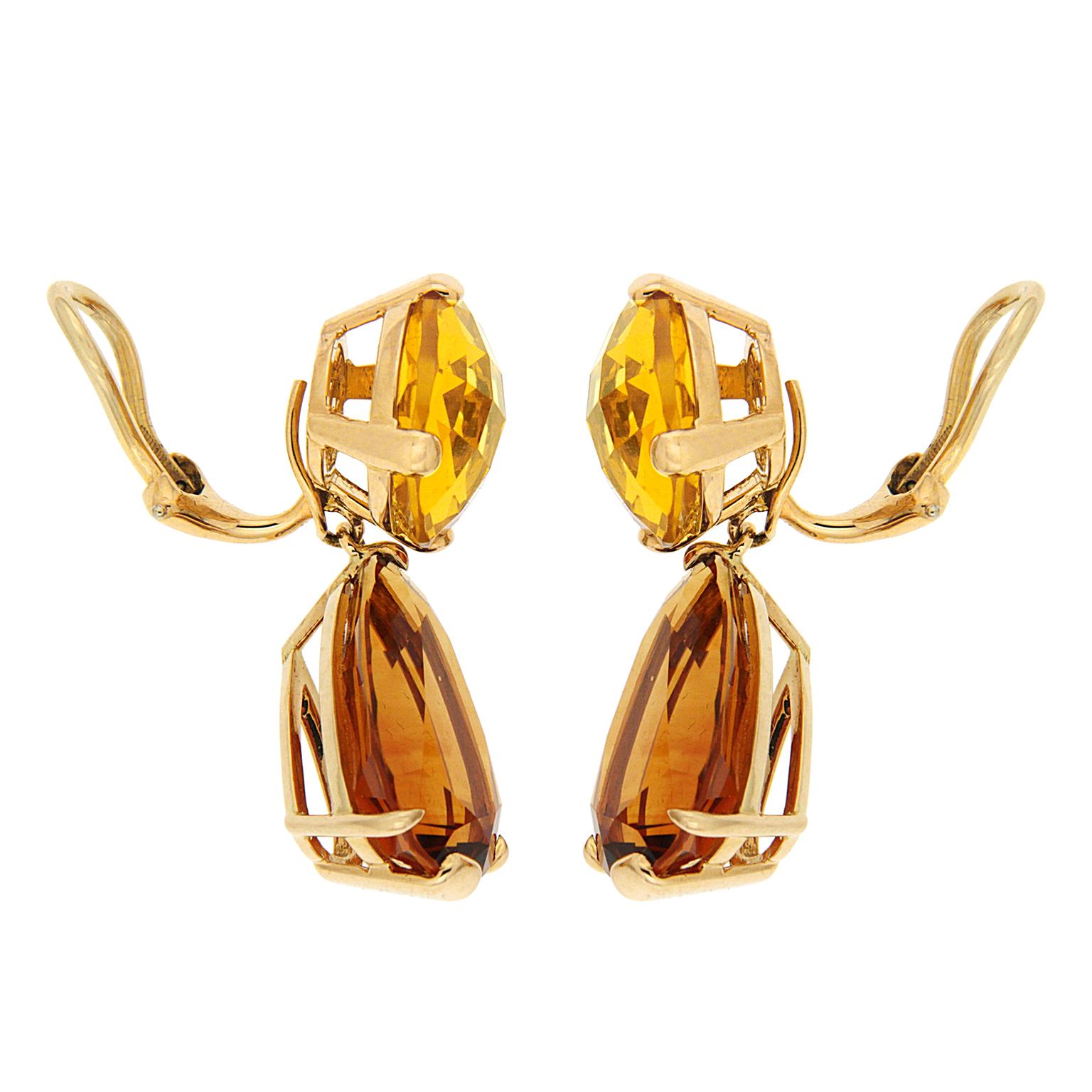 These earrings are made in 18kt yellow gold; they feature a light round checkerboard citrine and a dark pear shape citrine drop and are finished with clip-backs.  Measurement detail - width 0.6 inches (15 mm), length 1.42 inches (36 mm), depth 0.4