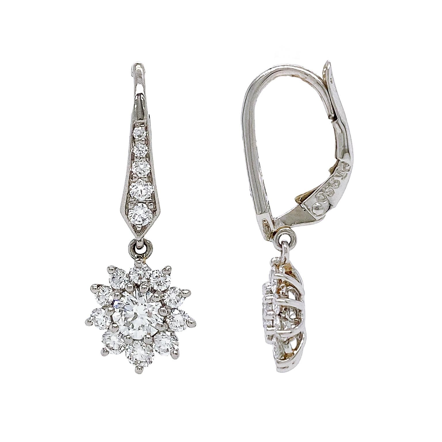 Contemporary Platinum Diamond Cluster Drop Earrings For Sale